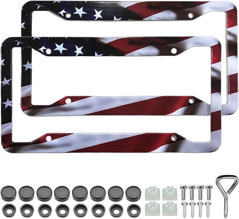 LIN KANG American Flag License Plate Frame Holder - 2 Pack Universal Aluminum Matte Stripe US Flag Gloss Patriotic Car Plate Frame Covers with Free Screws Fasteners Caps - Image 1